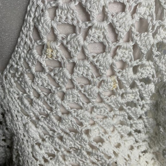 Handmade Loose Knit Cover Up Poncho One Size White V Neck Tie Belt Open Sides - Picture 8 of 8